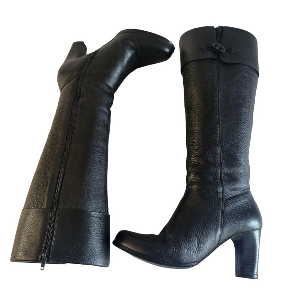 Jones Bootmaker Black Leather Tall Boots Size 38 EU 7.5 US EUC Chunky 3" Heel